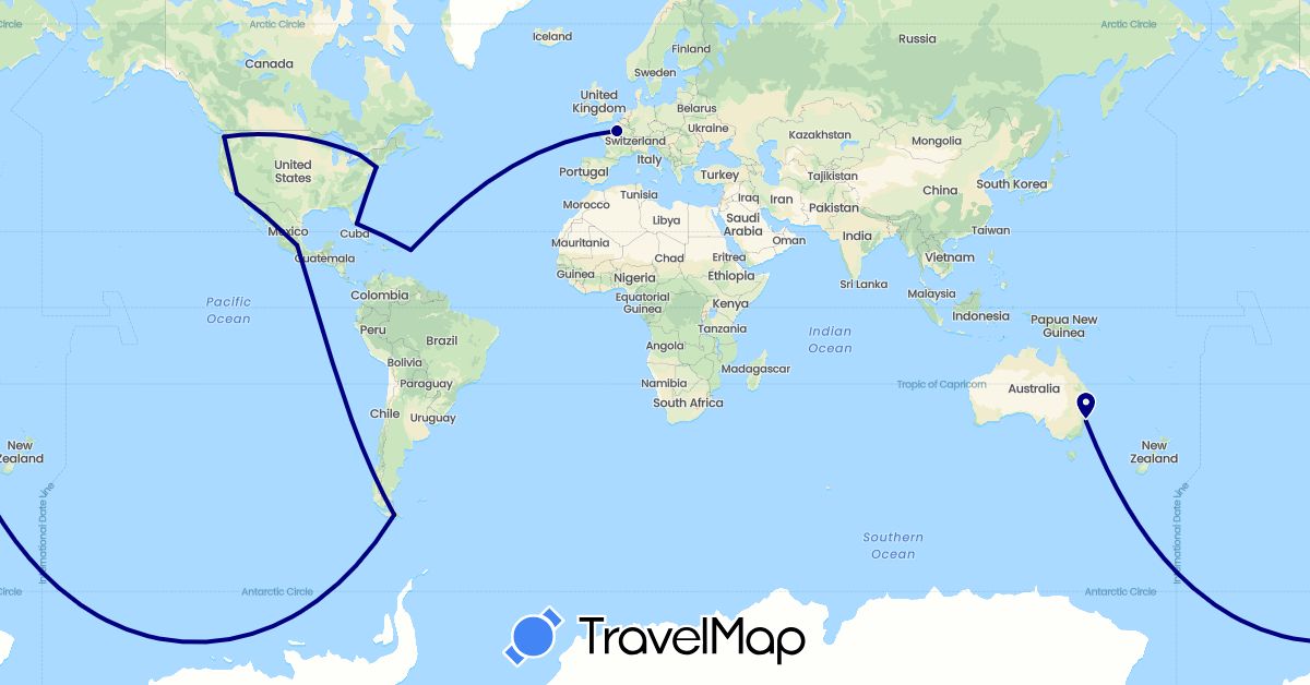 TravelMap itinerary: driving in Argentina, Australia, Canada, France, Mexico, Netherlands, United States (Europe, North America, Oceania, South America)